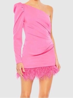 Mac Duggal Hot Pink One-Shoulder Feather Hem Mini Dress